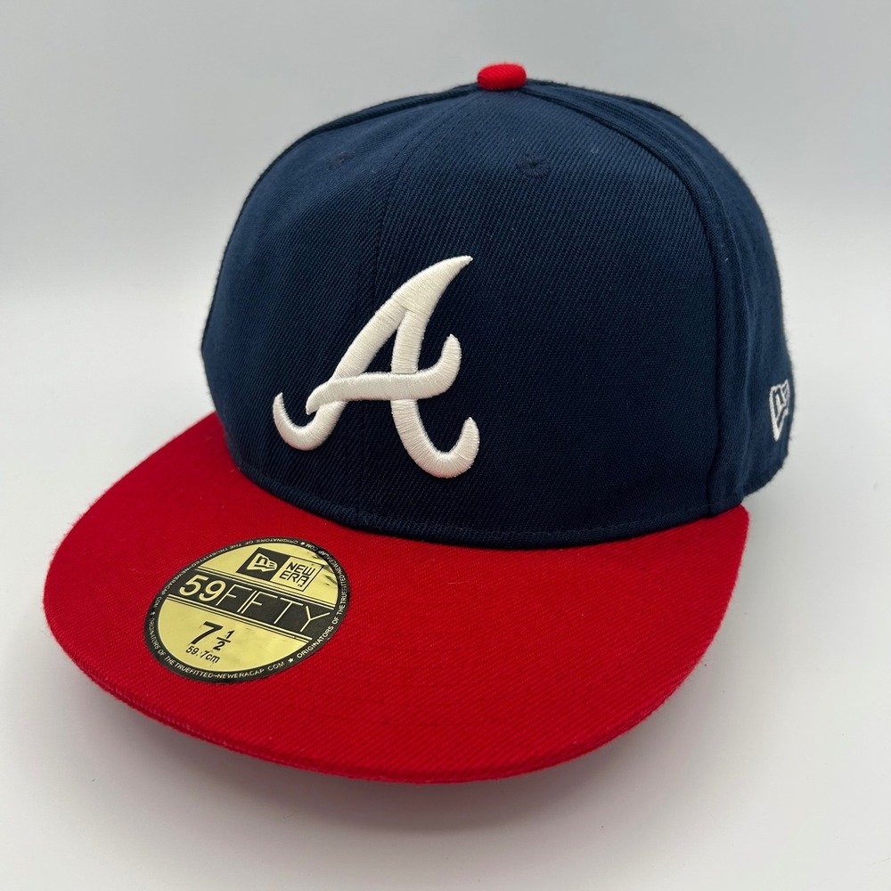 Atlanta Braves Hat New Era 59FIFTY Mens 7 1/2 Navy Red Wool Sportswear